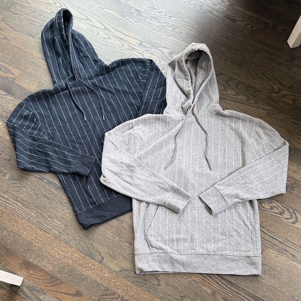 2 Men’s Express Pinstripe Hoodie Pullover Flannel Sweatshirt Navy & Gray Size XS